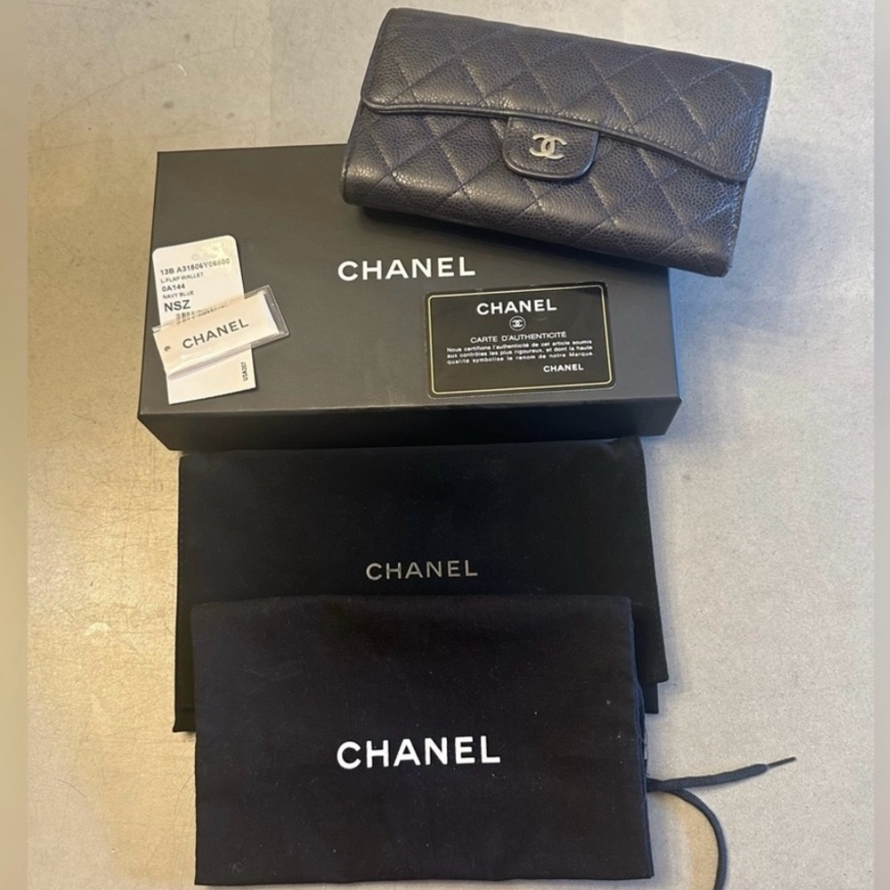 Authentic preloved Chanel Caviar Wallet - deep Navy Blue with Silver Hardware.